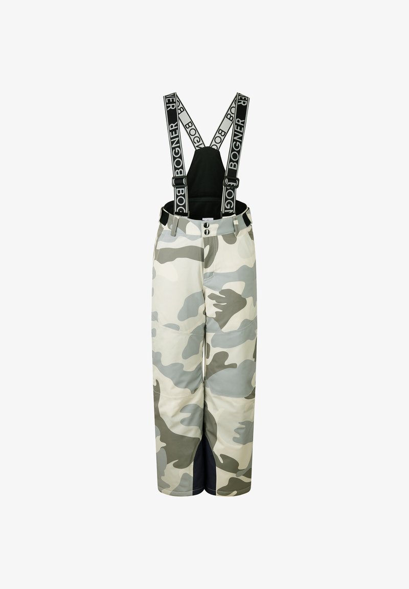 Camouflage-gepatroneerde broek in grijs en wit, met verstelbare zwarte bretels met "BOGNER"-branding en een veilige taille-sluiting.