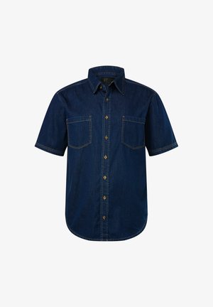 Kortærmet denimskjorte i mørkeblå, med to brystlommer, knaplukning og kontraststing. Glat tekstur, afslappet pasform.