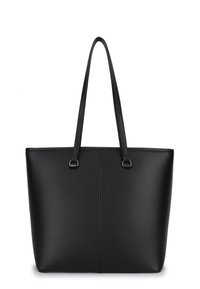 Black leather tote bag with smooth texture, two shoulder straps, and a minimalist design featuring a central seam and silver hardware accents.