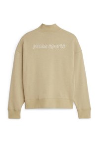 Sweat-shirt beige à manches longues avec poignets et col côtelés, portant le texte "puma sports" en police blanche avec un contour sur la poitrine.