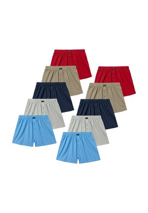 Ten pairs of men's cotton boxer shorts in red, beige, navy blue, gray, and light blue arranged in a staggered grid on white background.