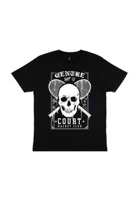 Schwarzes Baumwoll-T-Shirt mit einem weißen Totenkopf-Graphic, gekreuzten Tennisschlägern und dem Text "CENTRE COURT RACKET CLUB."