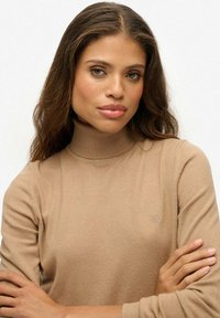 Donna con i capelli lunghi e marroni che indossa un maglione beige a collo alto, braccia incrociate, che guarda direttamente nella telecamera con un'espressione neutra.