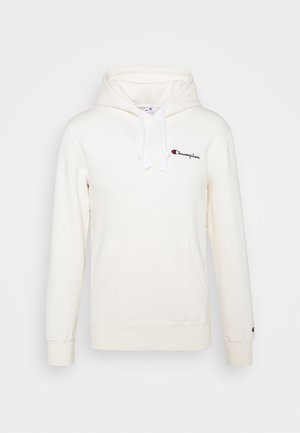 Weißer Champion Hoodie mit Fronttasche, Kordelzug an der Kapuze und kleinem Logo auf der Brust sowie am Ärmelbündchen.