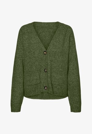 Green knitted cardigan with a V-neck, four buttons, two front pockets, and ribbed cuffs. Soft texture and relaxed fit.