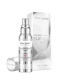 Kollagenterapi Platinum gel i en stilren silverflaska med pumpdispenser, märkt i svart och silver, med en matchande silverlåda.