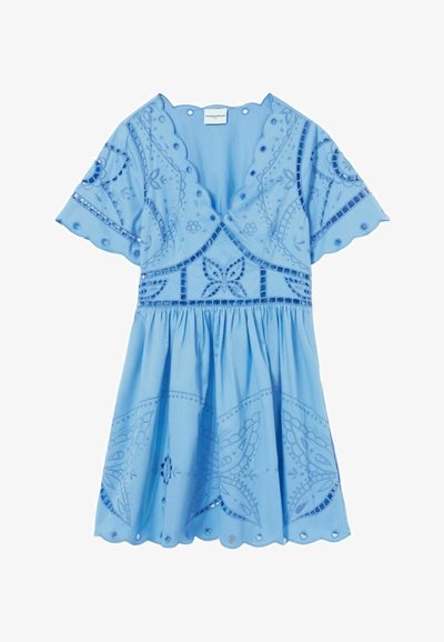 Robe en coton bleu clair avec des bords festonnés, des manches courtes et une broderie complexe avec des motifs floraux et de papillons.