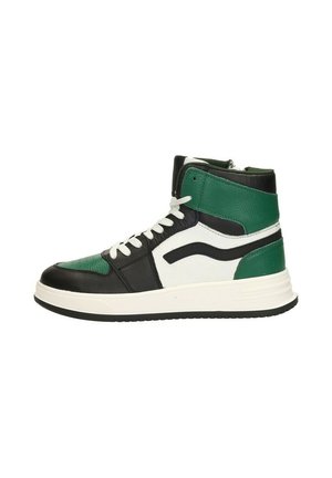 Hoge sneaker met een mix van zwart, wit en groene leer. Heeft een gestructureerde bovenkant, witte veters en een dikke witte zool.