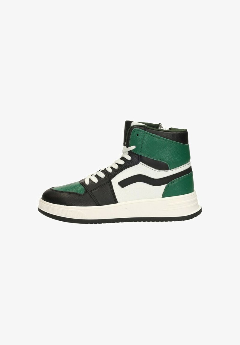 Hoge sneaker met een mix van zwart, wit en groene leer. Heeft een gestructureerde bovenkant, witte veters en een dikke witte zool.