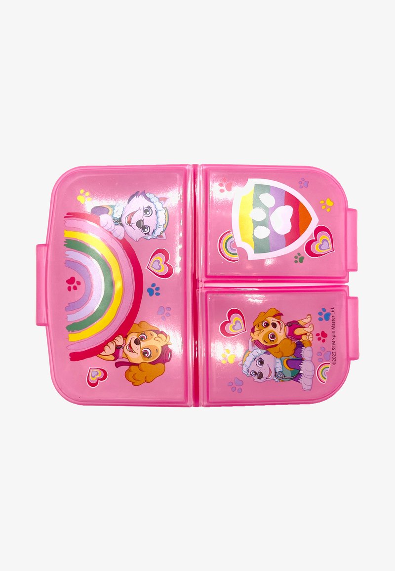 Pink plastic lunchbox featuring colorful character designs, hearts, a rainbow, and paw prints. Rounded corners and secure latch closure.