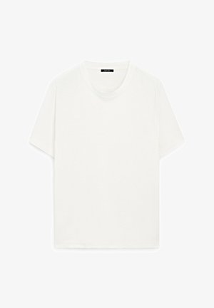 Weißes T-Shirt mit kurzen Ärmeln, Rundhalsausschnitt, weicher Textur, gerader Schnitt, minimalistisches Design, keine sichtbaren Muster oder Akzente.