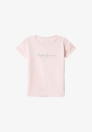 Svetloružová bavlnená tričko s krátkymi rukávmi a okrúhlym výstrihom. Na hrudi je strieborným zdobením napísané "Pepe Jeans LONDON".