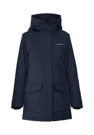 Jachetă impermeabilă bleumarin cu guler înalt, buzunare mari în față și închideri cu fermoar. Manșetele căptușite cu fleece oferă căldură și confort.