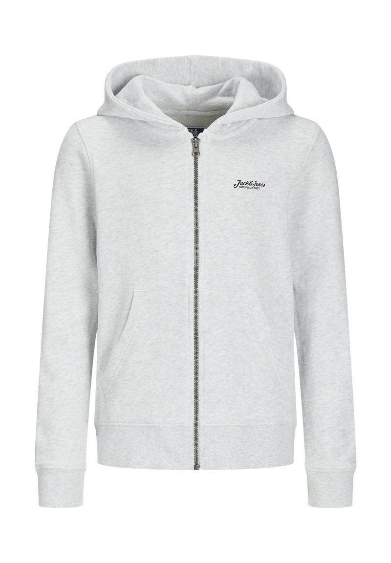 Felpa con zip di colore grigio chiaro, realizzata in tessuto morbido, con tasca a marsupio, cappuccio con cordino e piccolo logo sul petto.