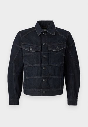 Mörk denimjacka med knäppning fram, två bröstfickor och kontrasterande sömmar. Strukturerad design med klassisk krage och långa ärmar.