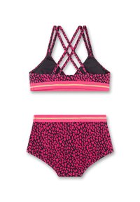 Rosa Leopardenmuster-Bikini-Set mit einem schwarzen, trägerlosen Bralette-Oberteil und einem hochgeschnittenen Unterteil mit kontrastierenden Streifenakzenten.