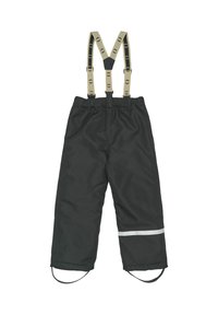 Musta vedenpitävä housut säädettävillä beigen värisillä olkaimilla, joustavalla vyötärönauhalla, heijastavalla raidalla ja jalkaremmeillä lisäturvaa varten.