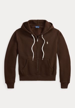 Sweat à capuche marron zippé avec cordons blancs, poches avant et petit logo brodé sur la poitrine gauche.