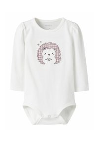 Weißes Baby-Bodysuit mit langen Ärmeln, ausgestattet mit einem genähten lila karierten Igel-Design auf der Vorderseite und Druckknöpfen am unteren Ende.