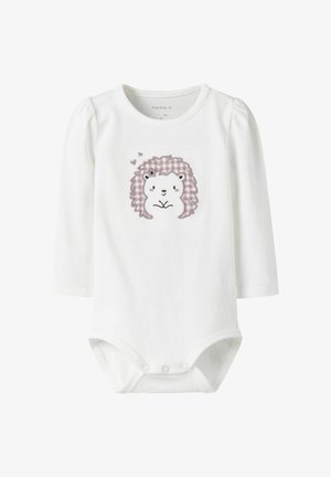 Weißes Baby-Bodysuit mit langen Ärmeln, ausgestattet mit einem genähten lila karierten Igel-Design auf der Vorderseite und Druckknöpfen am unteren Ende.