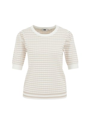 Top a maniche corte in maglia color crema con strisce orizzontali beige chiaro, caratterizzato da un collo rotondo e dettagli a costine sull'orlo e sulle maniche.