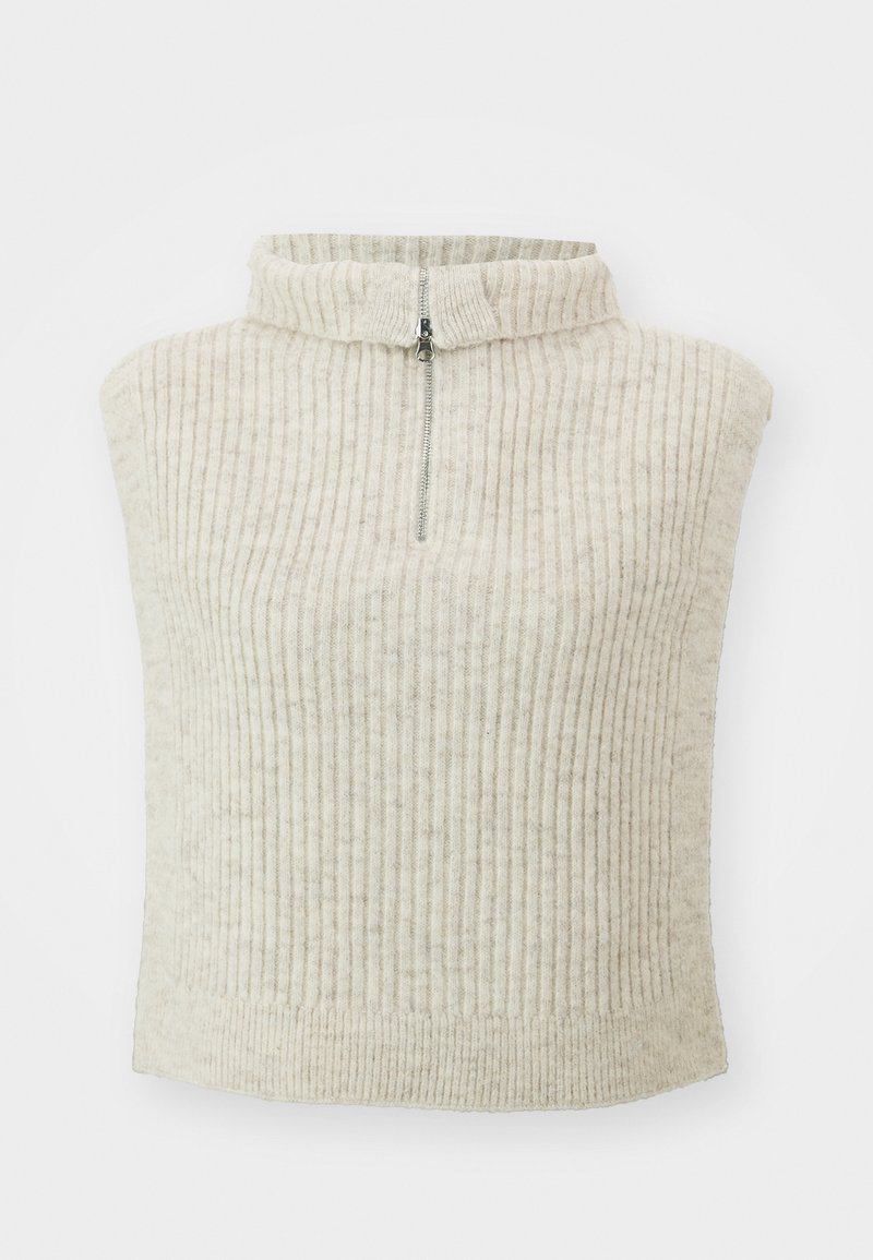 Light beige ribbed sweater with a high collar and a short zip closure. The fabric appears thick and textured, ideal for warmth.