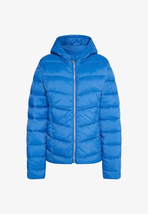 Niebieska kurtka puchowa z kapturem, z pikowanym wzorem, zapinana na zamek z przodu oraz z elastycznymi mankietami. Wykonana z gładkiego, lekkiego materiału.