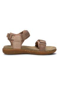 Tan sandaler med justerbara remmar, strukturerade ytor och vadderade sulor. Ovandelen har en blandning av släta och ribbade material.