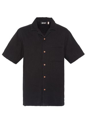 Chemise noire à manches courtes avec col camp, poche poitrine et boutons marron, marque Schott sur l'étiquette du col et la poche poitrine.