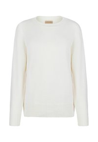Weißer Pullover mit Rundhalsausschnitt, gerippten Bündchen und Saum, aus weichem Strickstoff gefertigt. Bietet eine lockere Passform und ein minimalistisches Design.
