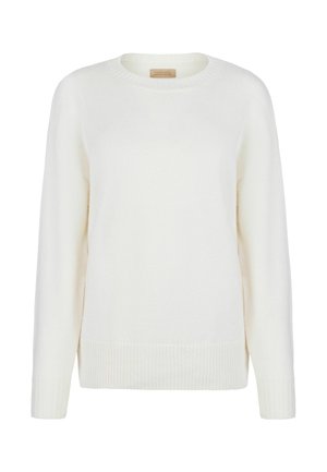 Weißer Pullover mit Rundhalsausschnitt, gerippten Bündchen und Saum, aus weichem Strickstoff gefertigt. Bietet eine lockere Passform und ein minimalistisches Design.
