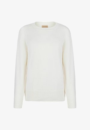 Hvid sweater med rund halsudskæring, ribbede manchetter og kant, lavet af blødt strikket stof. Har en afslappet pasform og minimalistisk design.
