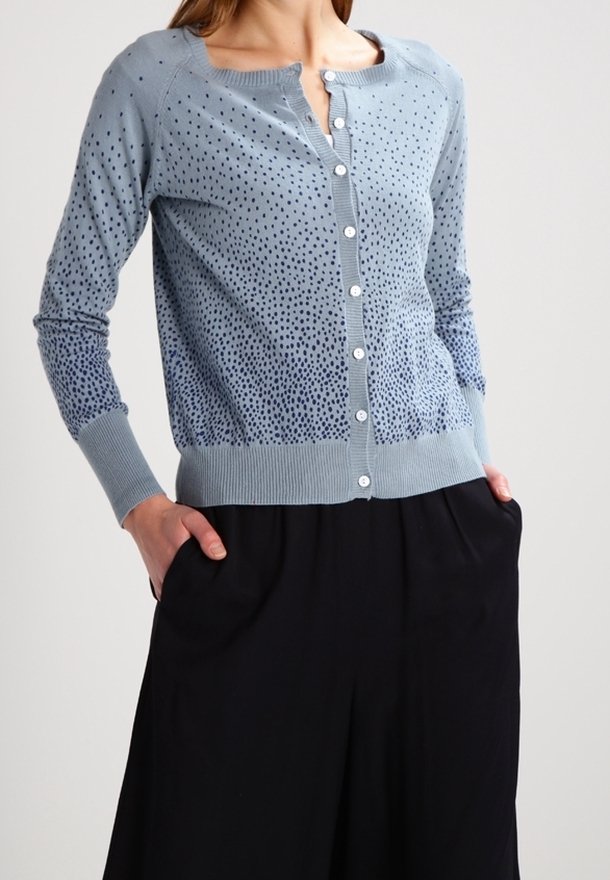 Vaalean sininen neulemaastokardiga, jossa on teksuroitu neule ja gradienttikuvio. Se on varustettu napituksella etupuolella ja ribbauslahkeilla. Yllään mustien housujen päällä.