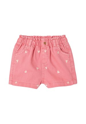 Rosa Kleinkinder-Shorts mit elastischem Bund, Vorderentaschen, kleinem Knopf und weißen Herzmustern, die über den Stoff verteilt sind.