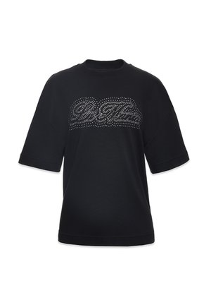 Czarny krótki rękaw t-shirt wykonany z miękkiej tkaniny, z ozdobnym napisem "Bądź prawdziwy" wysadzanym kryształkami na froncie.