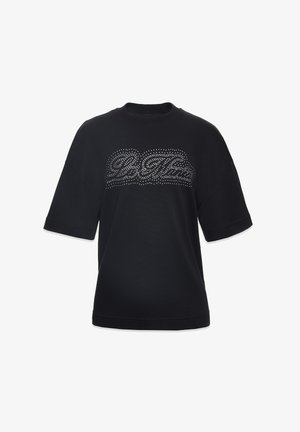 Czarny krótki rękaw t-shirt wykonany z miękkiej tkaniny, z ozdobnym napisem "Bądź prawdziwy" wysadzanym kryształkami na froncie.