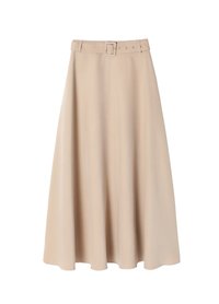 Beige A-lijn rok met een ceintuur in de taille, van zacht materiaal, knielengte en een gladde textuur, met een eenvoudig ontwerp zonder patronen.