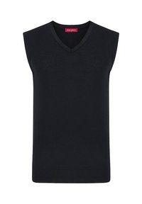Czarny bezrękawnik z dekoltem w serek, wykonany z miękkiego materiału, z prążkowanym wykończeniem i gładką fakturą. Metka widoczna wewnątrz dekoltu.