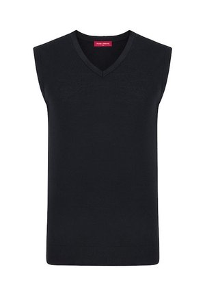 Czarny bezrękawnik z dekoltem w serek, wykonany z miękkiego materiału, z prążkowanym wykończeniem i gładką fakturą. Metka widoczna wewnątrz dekoltu.