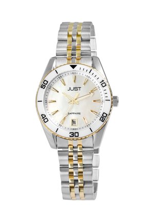 Silver and gold stainless steel watch with a round white mother-of-pearl dial, black markings, and date display at 3 o'clock.