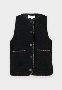 Μαύρο γιλέκο από φλις με στρογγυλή λαιμόκοψη, μπροστινές τσέπες και πέντε κουμπιά. Διακοσμημένο με φιλέ από λεοπάρδαλη για λεπτομέρεια.