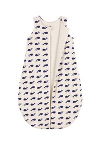 Medvilninis miegmaišis kreminės spalvos su tamsiai mėlynu banginio raštu, be rankovių, apvalios formos, su viso ilgio užtrauktuku ir minkšta tekstūra.