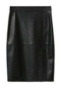 Jupe en cuir noir avec une texture lisse, présentant un design ajusté et une coupe mi-genou. Inclut des détails de coutures subtils et aucune fermeture visible.