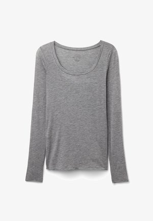 Szara longsleeve z miękkiego, lekkiego materiału, z okrągłym dekoltem i lekko zaokrąglonym dołem. Brak widocznych wzorów lub akcentów.