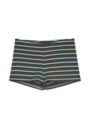 Short de bain marron avec des rayures horizontales bleu clair et noires, disposé à plat sur fond blanc.