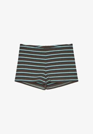 Costume da bagno marrone con strisce orizzontali azzurro chiaro e nere, disposto in piano su sfondo bianco.