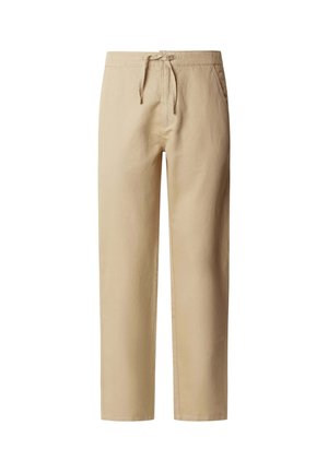 Pantalones de algodón beige con un ajuste relajado, cintura con cordón y bolsillos laterales. Textura suave y diseño de pierna recta.