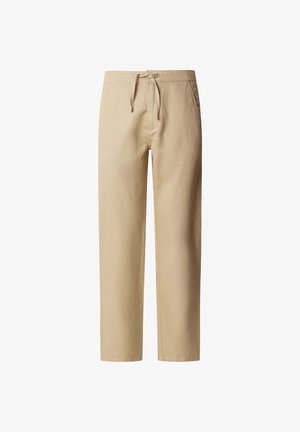 Pantaloni in cotone beige con vestibilità rilassata, vita con coulisse e tasche laterali. Tessuto liscio e design a gamba dritta.