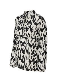 Zwangere blouse in een zwart-wit abstracte print. Heeft een biais voorzijde met knopen, een kraag en een elastische tailleband voor een goede pasvorm. Lange mouwen.