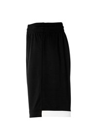 Schwarze Sportshorts mit elastischem Bund, einfarbigem Design und weißem Akzentstreifen am Saum. Aus weichem, leichtem Stoff gefertigt.